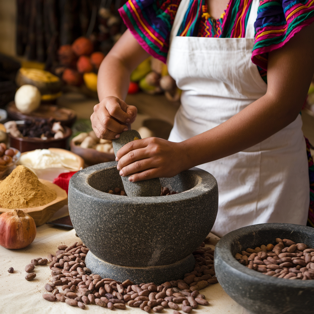 traditional mexican chocolate creation using a molcajete