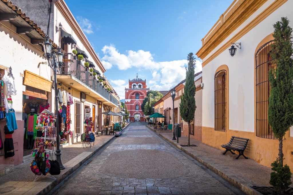 Pedestrian street and Del Carmen Arch Tower (Arco Torre del Carmen) - San Cristobal de las Casas, Chiapas, Mexico