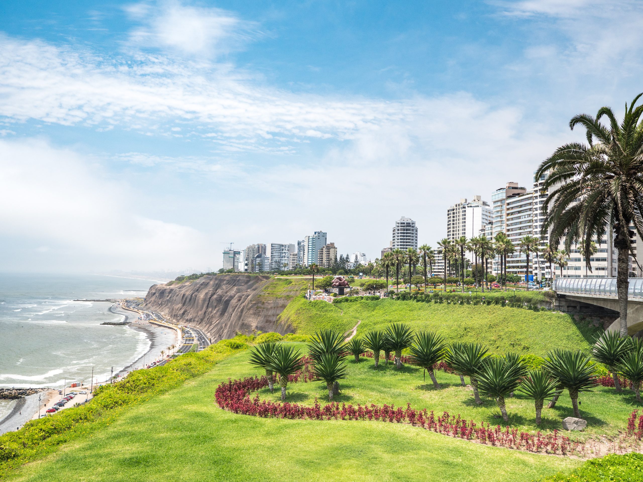 View of la Costa Verde coast along the Miraflores neighborhood in Lima, Peru
