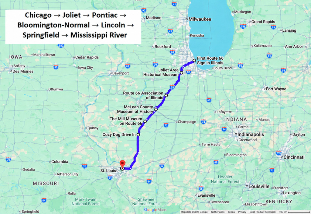 Route 66 map through Illinois, showing the route from Chicago via Joliet, Pontiac, Bloomington-Normal, Lincoln, and Springfield to the Mississippi River.